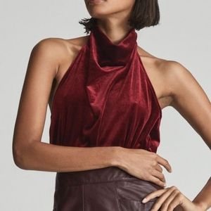 Reiss Kimberley Sleeveless Velvet Bodysuit Cowl Neck Open Back Red Medium M